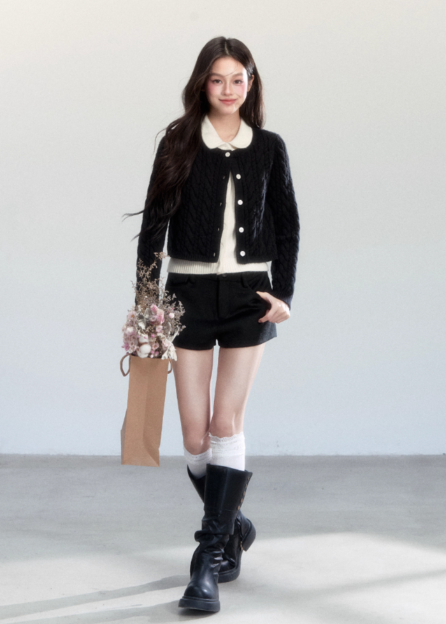 Fragileheart knit cardigan, faux two-piece sweater, doll collar knit top, luxury Korean fashion, quiet luxury womenswear, pastel noir aesthetic, elegant preppy outfit, 2025 winter K-fashion, contrast knit sweater, modern feminine knitwear, chic two-tone cardigan, sophisticated Korean look, soft autumn outfit, refined luxury fashion
