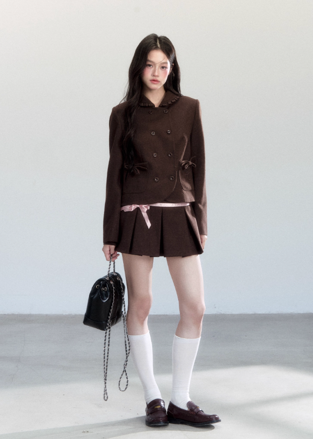 Fragileheart skirt suit set, brown pleated two-piece, luxury Korean fashion, doll collar jacket, vintage feminine outfit, quiet luxury womenswear, pastel noir aesthetic, elegant autumn ensemble, K-fashion 2025, romantic preppy look, mocha brown outfit, chic bow jacket set, soft classic fashion, refined Korean style
