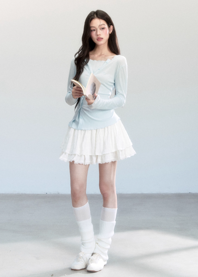 Fragileheart knit top, faux two-piece shirt, layered asymmetric blouse, luxury Korean fashion, minimal feminine outfit, quiet luxury womenswear, pastel noir aesthetic, elegant everyday top, four color knitwear, K-fashion 2025, casual chic long sleeve, modern Korean style, delicate soft knit, refined daily outfit
