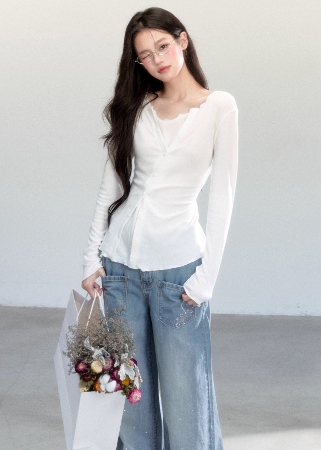 Fragileheart knit top, faux two-piece shirt, layered asymmetric blouse, luxury Korean fashion, minimal feminine outfit, quiet luxury womenswear, pastel noir aesthetic, elegant everyday top, four color knitwear, K-fashion 2025, casual chic long sleeve, modern Korean style, delicate soft knit, refined daily outfit
