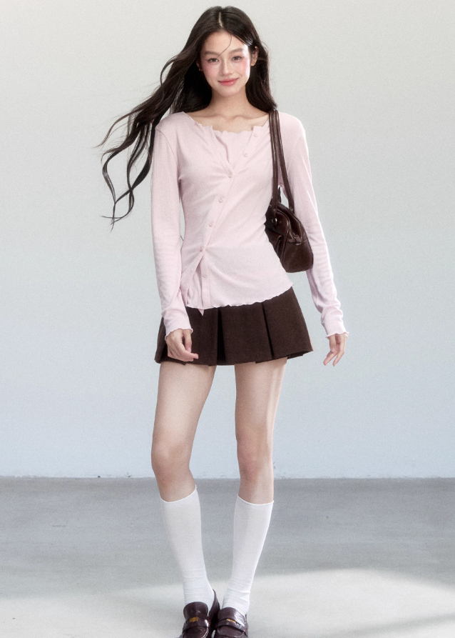 Fragileheart knit top, faux two-piece shirt, layered asymmetric blouse, luxury Korean fashion, minimal feminine outfit, quiet luxury womenswear, pastel noir aesthetic, elegant everyday top, four color knitwear, K-fashion 2025, casual chic long sleeve, modern Korean style, delicate soft knit, refined daily outfit
