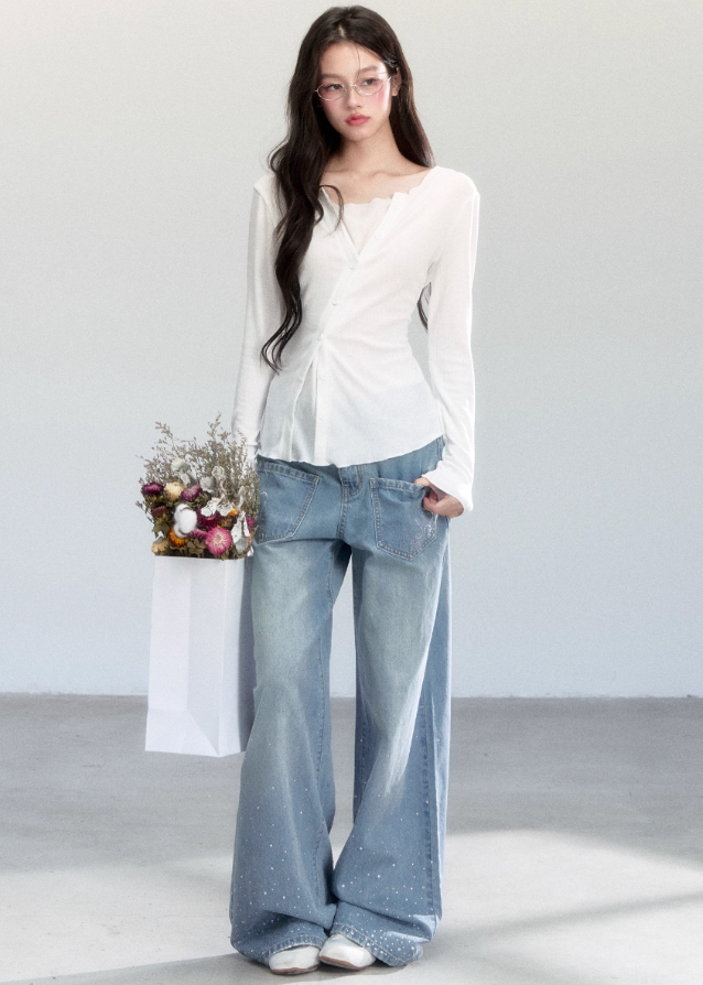 Fragileheart knit top, faux two-piece shirt, layered asymmetric blouse, luxury Korean fashion, minimal feminine outfit, quiet luxury womenswear, pastel noir aesthetic, elegant everyday top, four color knitwear, K-fashion 2025, casual chic long sleeve, modern Korean style, delicate soft knit, refined daily outfit
