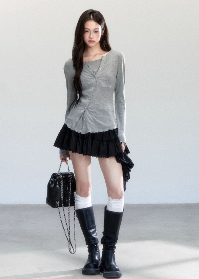 Fragileheart knit top, faux two-piece shirt, layered asymmetric blouse, luxury Korean fashion, minimal feminine outfit, quiet luxury womenswear, pastel noir aesthetic, elegant everyday top, four color knitwear, K-fashion 2025, casual chic long sleeve, modern Korean style, delicate soft knit, refined daily outfit
