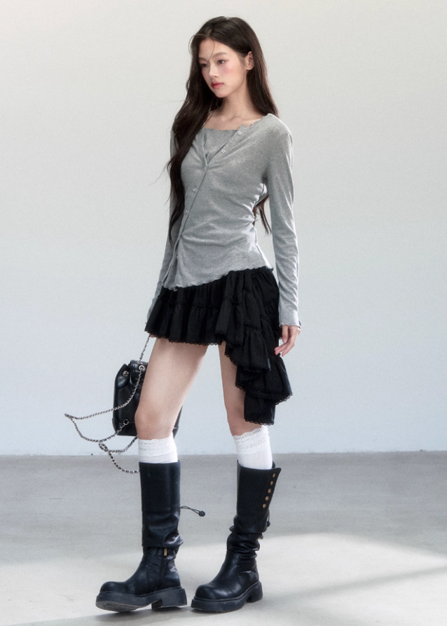 Fragileheart knit top, faux two-piece shirt, layered asymmetric blouse, luxury Korean fashion, minimal feminine outfit, quiet luxury womenswear, pastel noir aesthetic, elegant everyday top, four color knitwear, K-fashion 2025, casual chic long sleeve, modern Korean style, delicate soft knit, refined daily outfit
