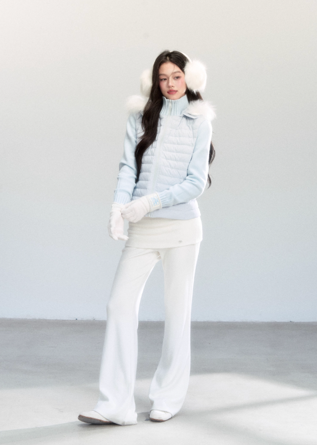 Fragileheart down jacket, fur collar puffer, luxury Korean fashion, winter short coat, quiet luxury outerwear, pastel blue jacket, hooded down coat, K-fashion 2025, elegant winter outfit, soft feminine outerwear, pastel noir aesthetic, warm winter style, sky blue puffer, modern luxury womenswear
