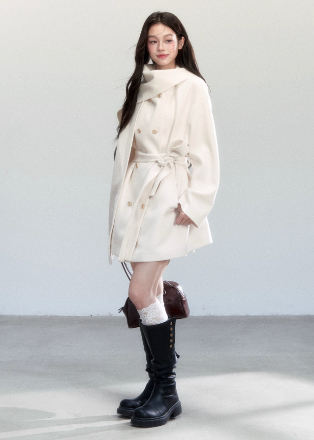 Fragileheart wool coat, scarf collar jacket, ivory belted coat, luxury Korean fashion, quiet luxury outerwear, pastel noir aesthetic, elegant winter coat, K-fashion 2025, soft feminine style, minimalist wool wrap, chic winter outfit, modern elegant outerwear, white long coat, sophisticated Korean womenswear
