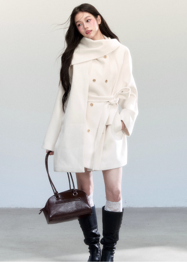 Fragileheart wool coat, scarf collar jacket, ivory belted coat, luxury Korean fashion, quiet luxury outerwear, pastel noir aesthetic, elegant winter coat, K-fashion 2025, soft feminine style, minimalist wool wrap, chic winter outfit, modern elegant outerwear, white long coat, sophisticated Korean womenswear
