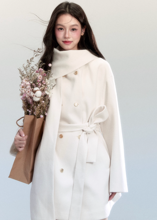 Fragileheart wool coat, scarf collar jacket, ivory belted coat, luxury Korean fashion, quiet luxury outerwear, pastel noir aesthetic, elegant winter coat, K-fashion 2025, soft feminine style, minimalist wool wrap, chic winter outfit, modern elegant outerwear, white long coat, sophisticated Korean womenswear
