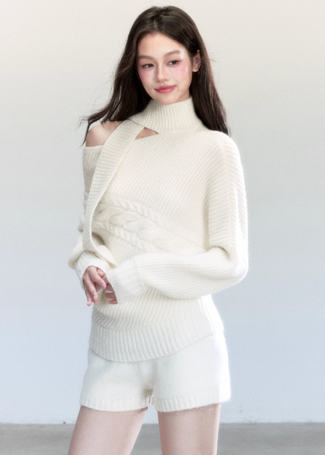Fragileheart knit set, ivory scarf sweater, luxury Korean fashion, quiet luxury womenswear, bat sleeve knit top, pastel noir aesthetic, winter soft outfit, elegant white sweater set, K-fashion 2025, minimalist luxury knitwear, off-shoulder knit top, cozy feminine fashion, modern Korean outfit, refined winter style

