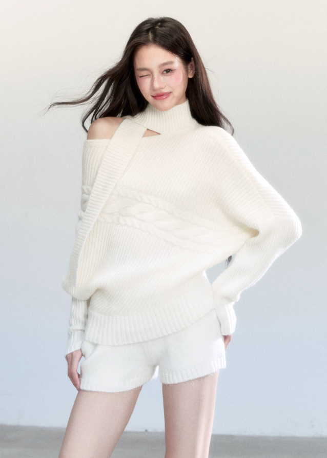 Fragileheart knit set, ivory scarf sweater, luxury Korean fashion, quiet luxury womenswear, bat sleeve knit top, pastel noir aesthetic, winter soft outfit, elegant white sweater set, K-fashion 2025, minimalist luxury knitwear, off-shoulder knit top, cozy feminine fashion, modern Korean outfit, refined winter style
