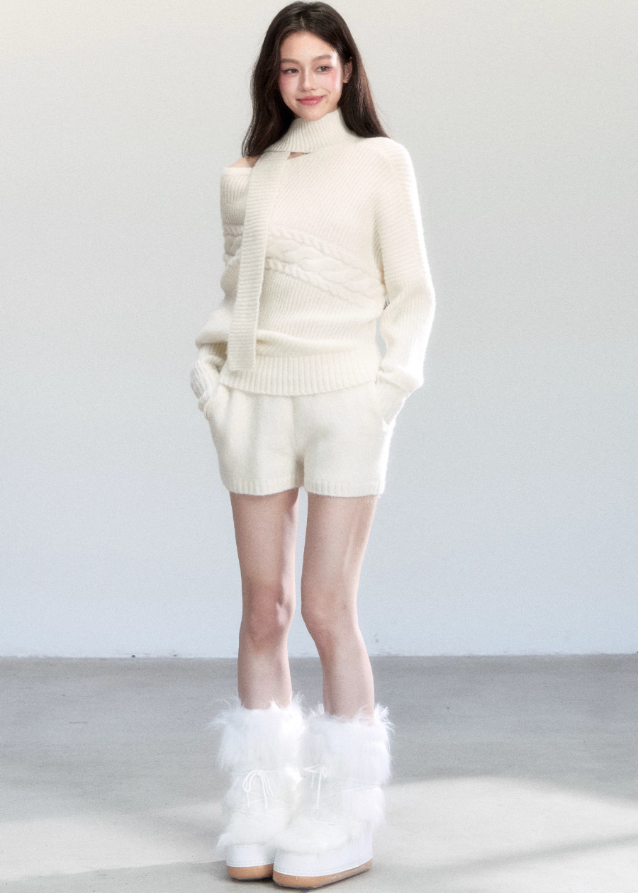 Fragileheart knit set, ivory scarf sweater, luxury Korean fashion, quiet luxury womenswear, bat sleeve knit top, pastel noir aesthetic, winter soft outfit, elegant white sweater set, K-fashion 2025, minimalist luxury knitwear, off-shoulder knit top, cozy feminine fashion, modern Korean outfit, refined winter style
