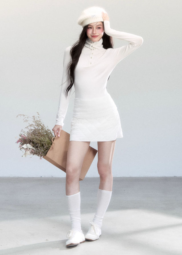 Fragileheart turtleneck top, slim long sleeve shirt, minimalist Korean fashion, quiet luxury womenswear, high neck base top, pastel noir aesthetic, elegant winter outfit, ivory and grey knitwear, modern feminine style, K-fashion 2025, chic commuter outfit, soft ribbed turtleneck, refined Korean fashion, luxury basic top
