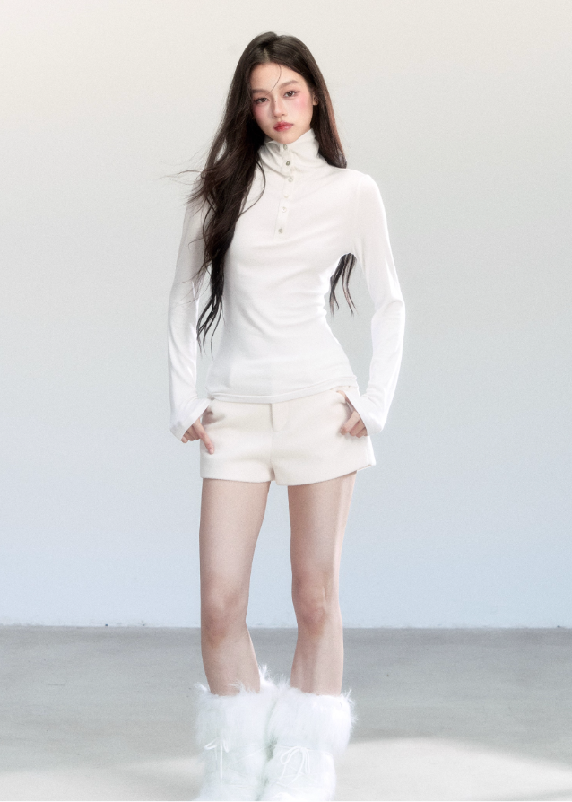 Fragileheart turtleneck top, slim long sleeve shirt, minimalist Korean fashion, quiet luxury womenswear, high neck base top, pastel noir aesthetic, elegant winter outfit, ivory and grey knitwear, modern feminine style, K-fashion 2025, chic commuter outfit, soft ribbed turtleneck, refined Korean fashion, luxury basic top
