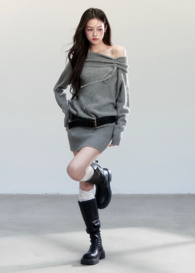 Fragileheart knit dress, off-shoulder wool dress, luxury Korean fashion, quiet luxury womenswear, grey sweater dress, pastel noir aesthetic, autumn knit outfit, elegant minimalist style, K-fashion 2025, refined feminine silhouette, soft draped neckline dress, cozy chic outfit, modern Korean fashion, sophisticated knitwear dress
