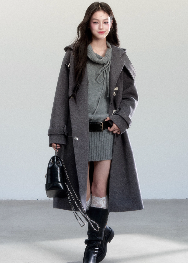 Fragileheart knit dress, off-shoulder wool dress, luxury Korean fashion, quiet luxury womenswear, grey sweater dress, pastel noir aesthetic, autumn knit outfit, elegant minimalist style, K-fashion 2025, refined feminine silhouette, soft draped neckline dress, cozy chic outfit, modern Korean fashion, sophisticated knitwear dress
