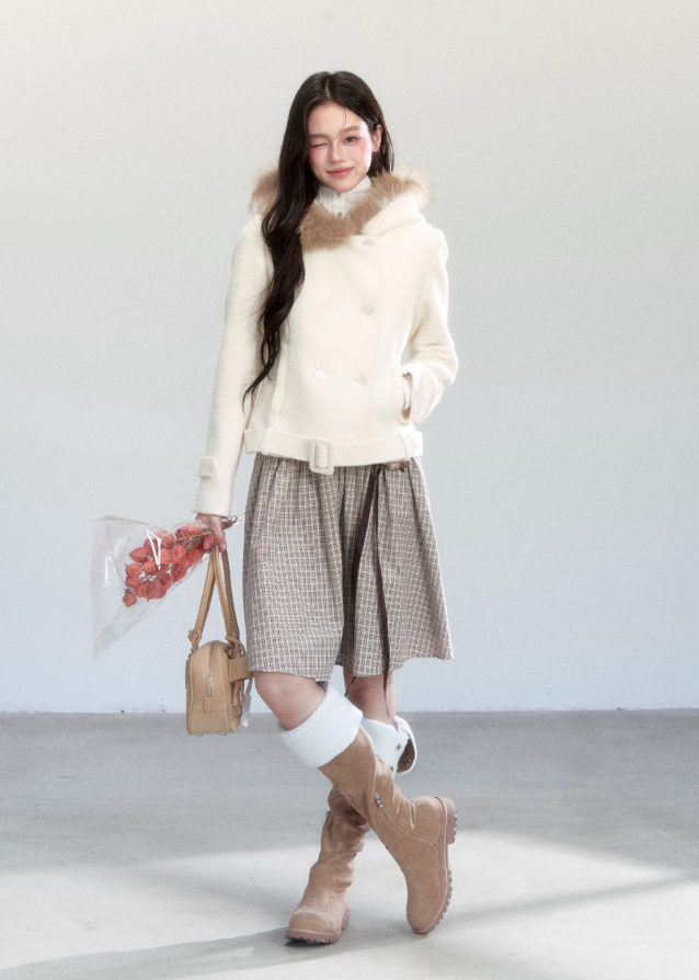 Fragileheart wool coat, cropped fur collar jacket, luxury Korean fashion, quiet luxury womenswear, beige tweed coat, pastel noir aesthetic, elegant winter outfit, short wool coat, K-fashion 2025, feminine outerwear, belted cropped jacket, modern Korean coat, soft winter fashion, sophisticated neutral outerwear
