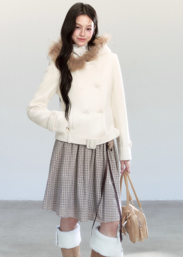 Fragileheart wool coat, cropped fur collar jacket, luxury Korean fashion, quiet luxury womenswear, beige tweed coat, pastel noir aesthetic, elegant winter outfit, short wool coat, K-fashion 2025, feminine outerwear, belted cropped jacket, modern Korean coat, soft winter fashion, sophisticated neutral outerwear
