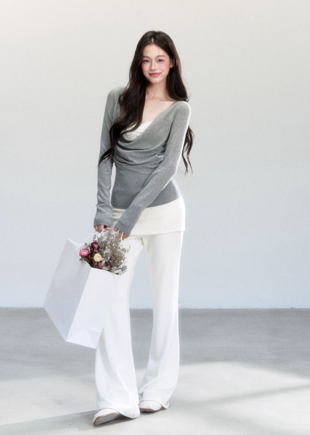 Fragileheart knit top, draped swing blouse, luxury Korean fashion, lace layered knitwear, quiet luxury womenswear, pastel noir aesthetic, grey slim-fit top, elegant autumn outfit, K-fashion 2025, minimalist feminine fashion, modern Korean style, soft two-piece knit, delicate off-shoulder top, refined knit blouse
