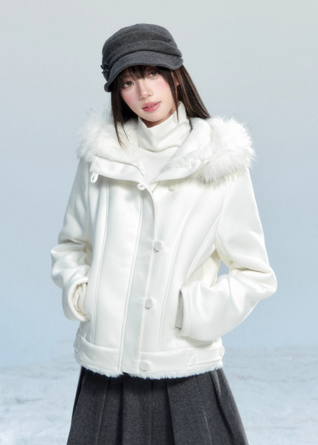 Fragileheart suede cropped coat, fur hooded jacket, luxury Korean fashion, quiet luxury outerwear, winter short coat, pastel noir aesthetic, elegant slim-fit jacket, K-fashion 2025, ivory and black coat, feminine winter outfit, soft suede outerwear, modern Korean fashion, stylish cropped jacket, warm winter coat
