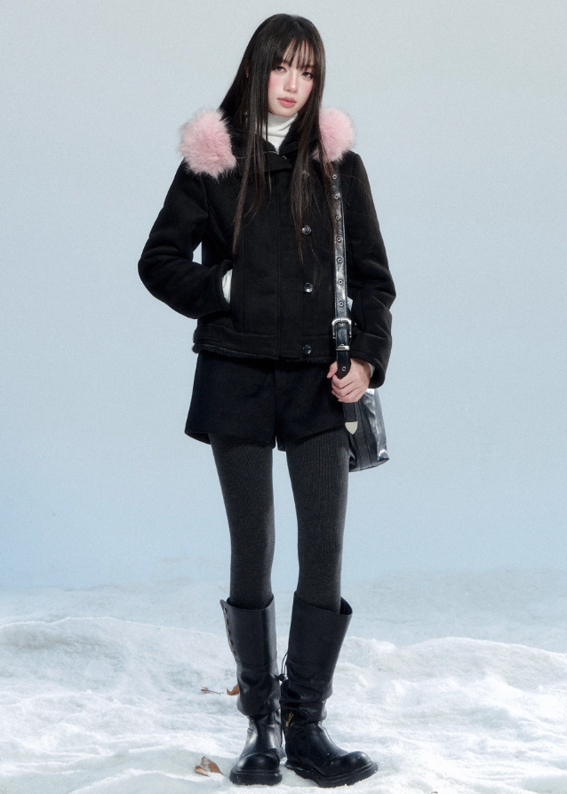Fragileheart suede cropped coat, fur hooded jacket, luxury Korean fashion, quiet luxury outerwear, winter short coat, pastel noir aesthetic, elegant slim-fit jacket, K-fashion 2025, ivory and black coat, feminine winter outfit, soft suede outerwear, modern Korean fashion, stylish cropped jacket, warm winter coat
