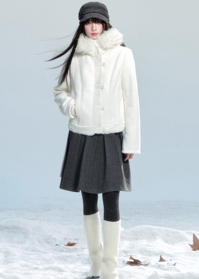 Fragileheart suede cropped coat, fur hooded jacket, luxury Korean fashion, quiet luxury outerwear, winter short coat, pastel noir aesthetic, elegant slim-fit jacket, K-fashion 2025, ivory and black coat, feminine winter outfit, soft suede outerwear, modern Korean fashion, stylish cropped jacket, warm winter coat
