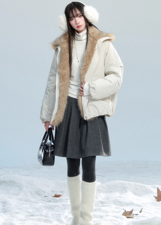 Fragileheart down jacket, fur trim puffer coat, luxury Korean fashion, quiet luxury outerwear, 90 white duck down jacket, eco fur winter coat, pastel noir aesthetic, elegant short puffer, K-fashion 2025, warm feminine outerwear, ivory winter parka, modern Korean fashion, sophisticated down coat, luxury winter womenswear
