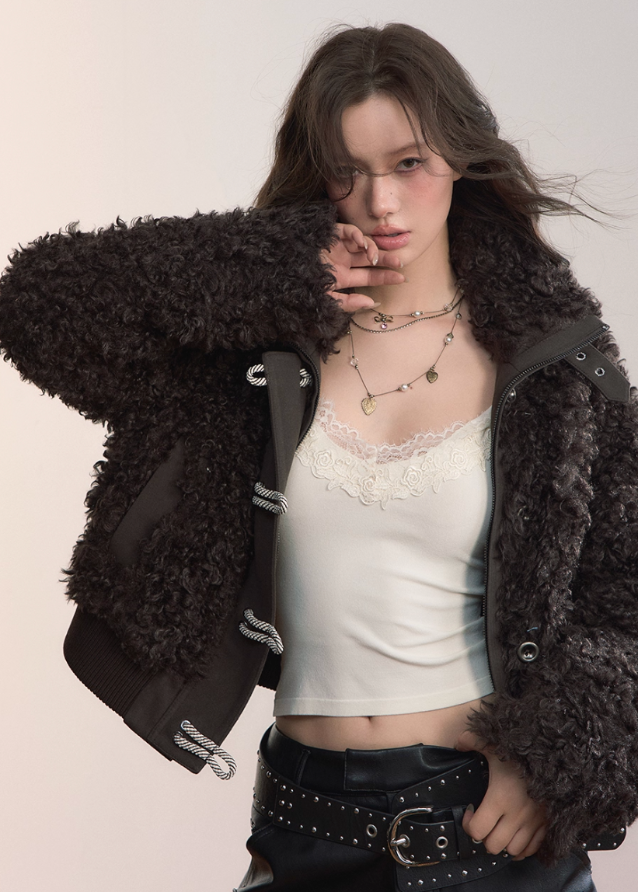 VIAPITTI fur jacket, heavyweight shearling coat, black turtleneck jacket, luxury streetwear women, edgy Korean fashion, winter warm outerwear, short fur coat, urban street couture, metal buckle jacket, black shearling top, K-fashion 2025, modern streetwear, bold feminine jacket, designer winter outfit
