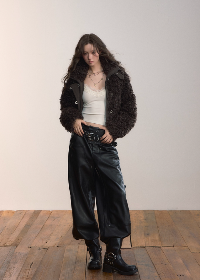 VIAPITTI fur jacket, heavyweight shearling coat, black turtleneck jacket, luxury streetwear women, edgy Korean fashion, winter warm outerwear, short fur coat, urban street couture, metal buckle jacket, black shearling top, K-fashion 2025, modern streetwear, bold feminine jacket, designer winter outfit
