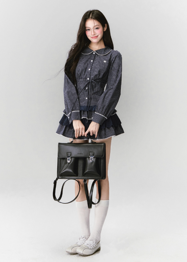 Fragileheart lace set, gingham blouse skirt, luxury Korean fashion, elegant two-piece outfit, soft preppy K-fashion, 2025 fall collection, quiet luxury style, pastel noir aesthetic, romantic layered skirt, modern feminine fashion, luxury womenswear, Korean academic outfit, chic lace two-piece dress, graceful preppy look, soft vintage fashion
