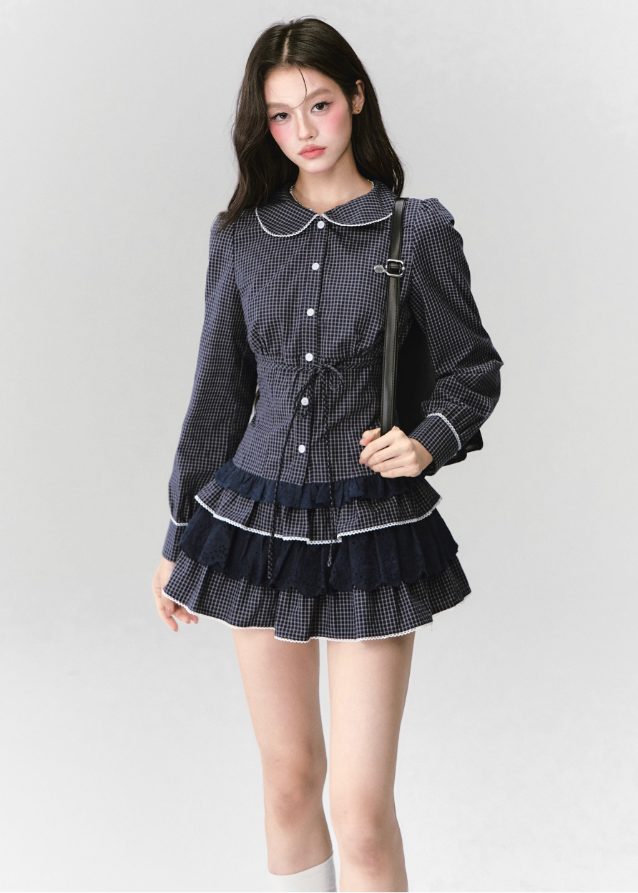 Fragileheart lace set, gingham blouse skirt, luxury Korean fashion, elegant two-piece outfit, soft preppy K-fashion, 2025 fall collection, quiet luxury style, pastel noir aesthetic, romantic layered skirt, modern feminine fashion, luxury womenswear, Korean academic outfit, chic lace two-piece dress, graceful preppy look, soft vintage fashion
