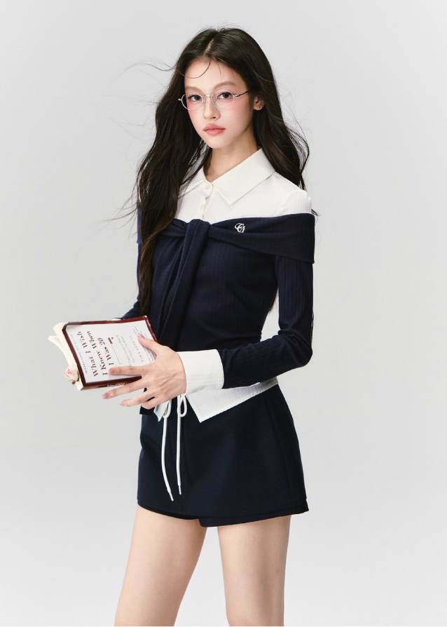 Fragileheart knit top set, off-shoulder sweater, luxury Korean fashion, elegant preppy outfit, autumn winter 2025, quiet luxury style, pastel noir aesthetic, black and white knitwear, K-fashion two-piece set, modern feminine look, ribbon detail top, soft academic chic, refined Korean womenswear, structured luxury knit
