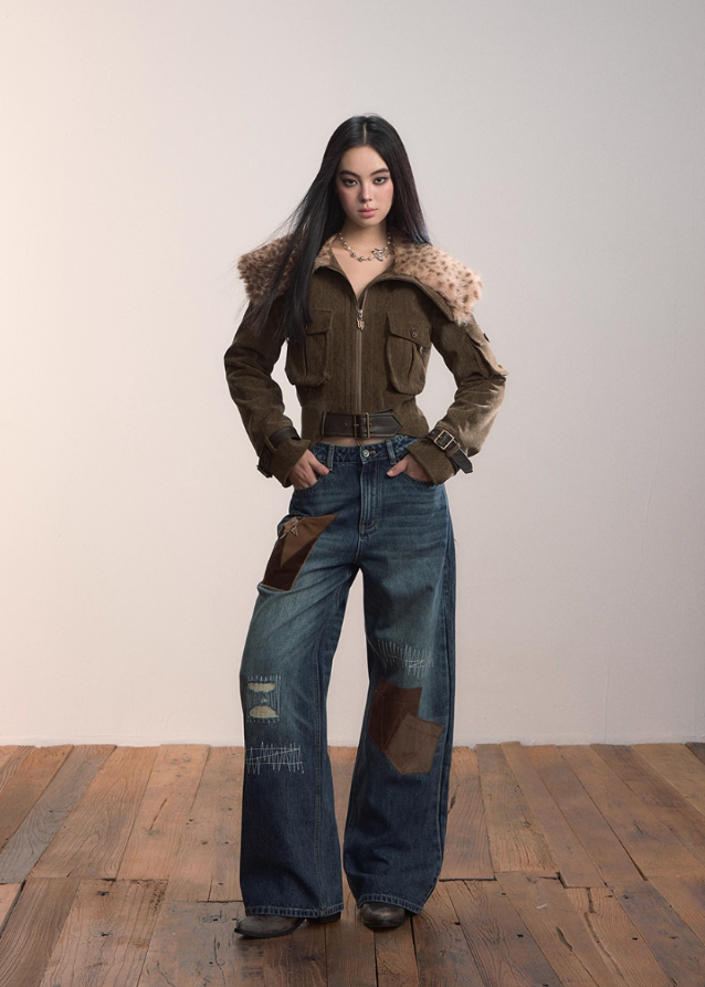 VIAPITTI fur collar jacket, leopard print winter coat, heavy industry streetwear, belted warm jacket, edgy Korean fashion, autumn winter outerwear, large fur collar coat, cargo pocket jacket, thickened warm top, luxury street fashion, K-fashion 2025, industrial chic coat, bold streetwear jacket, urban cold season outfit
