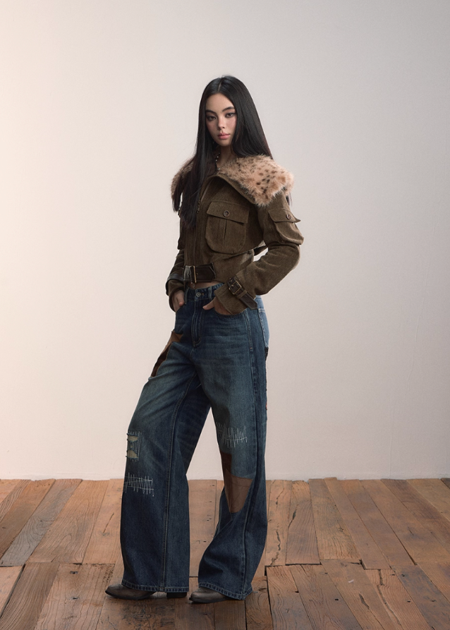 VIAPITTI fur collar jacket, leopard print winter coat, heavy industry streetwear, belted warm jacket, edgy Korean fashion, autumn winter outerwear, large fur collar coat, cargo pocket jacket, thickened warm top, luxury street fashion, K-fashion 2025, industrial chic coat, bold streetwear jacket, urban cold season outfit
