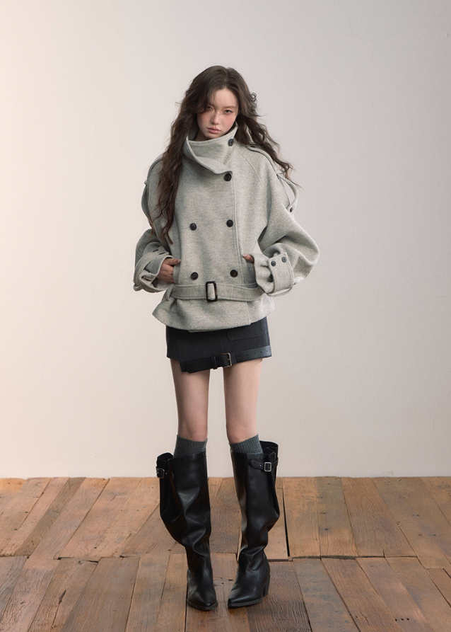 VIAPITTI wool mini skirt, asymmetrical utility skirt, belted streetwear skirt, edgy Korean fashion, heavy wool skirt, autumn winter street style, industrial chic mini, splice panel skirt, modern urban outfit, K-fashion 2025, irregular hem skirt, black woolen mini, utility pocket skirt, luxury street fashion
