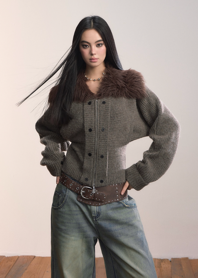 VIAPITTI fur collar knit jacket, heavy knit sweater coat, edgy Korean fashion, autumn winter knitwear, industrial street style, large sleeve knit jacket, waist cinched sweater top, luxury streetwear women, fur trim knit top, K-fashion 2025, thick warm knit jacket, modern street couture, warm winter knit outfit
