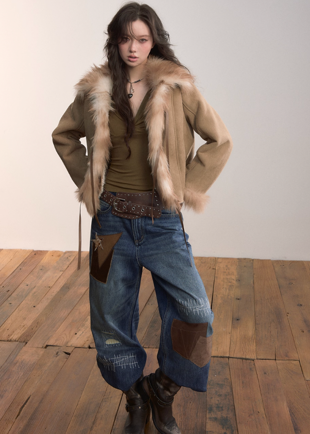 VIAPITTI fur jacket, faux fur shearling coat, heavy winter streetwear, big fur collar jacket, edgy Korean fashion, autumn winter warm coat, industrial street style, rugged faux fur jacket, luxury streetwear women, oversized fur collar coat, K-fashion 2025, warm shearling outerwear, urban grunge jacket, integrated fur winter coat
