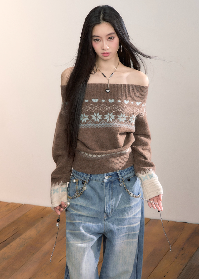 VIAPITTI off shoulder knit, fair isle sweater women, contrast wool knitwear, edgy Korean fashion, autumn winter sweater, one shoulder knit top, street style knitwear, Nordic pattern sweater, K-fashion 2025, warm wool knitted top, urban chic sweater, relaxed street knit, soft winter outfit, modern Korean streetwear
