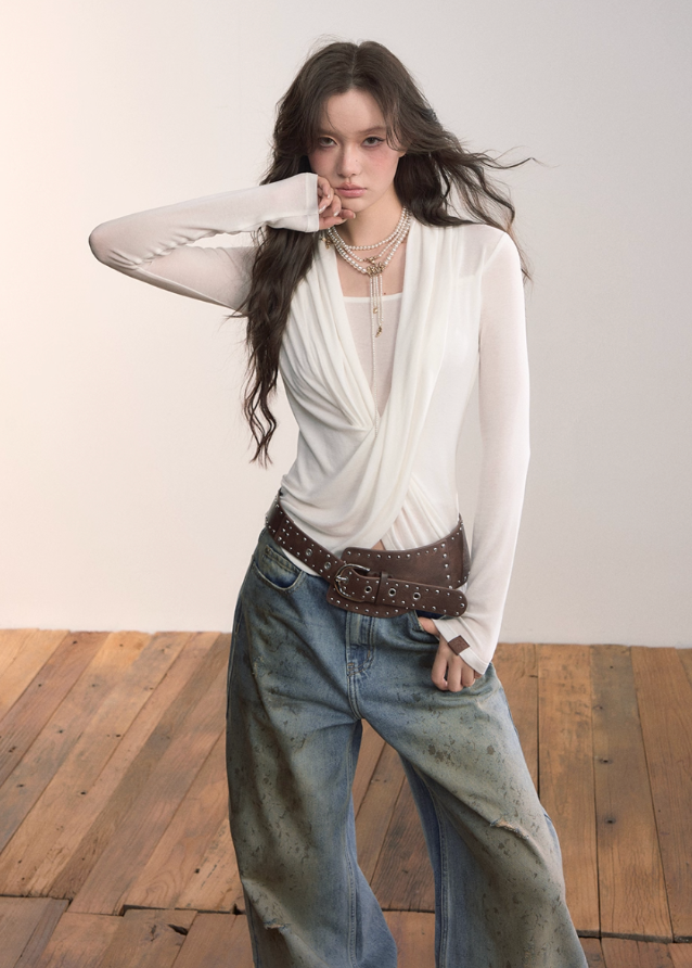 VIAPITTI drape top, cross collar long sleeve, fake two layer shirt, edgy Korean fashion, autumn streetwear top, irregular draped tee, wool blend base layer, minimalist street style, modern K-fashion 2025, asymmetrical neckline top, chic street long sleeve, sculptural drape shirt
