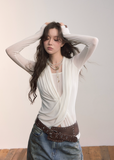 VIAPITTI drape top, cross collar long sleeve, fake two layer shirt, edgy Korean fashion, autumn streetwear top, irregular draped tee, wool blend base layer, minimalist street style, modern K-fashion 2025, asymmetrical neckline top, chic street long sleeve, sculptural drape shirt
