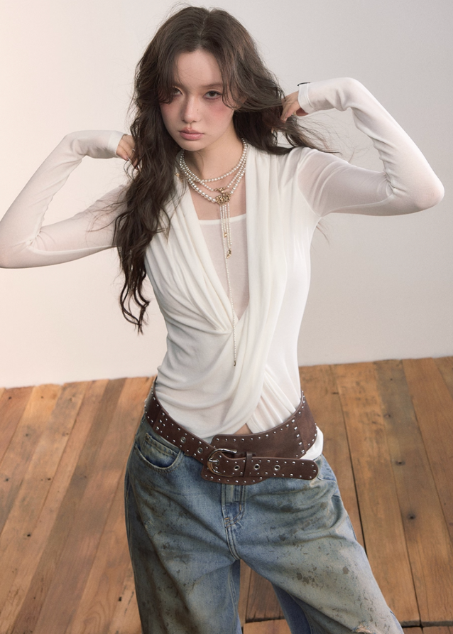 VIAPITTI drape top, cross collar long sleeve, fake two layer shirt, edgy Korean fashion, autumn streetwear top, irregular draped tee, wool blend base layer, minimalist street style, modern K-fashion 2025, asymmetrical neckline top, chic street long sleeve, sculptural drape shirt
