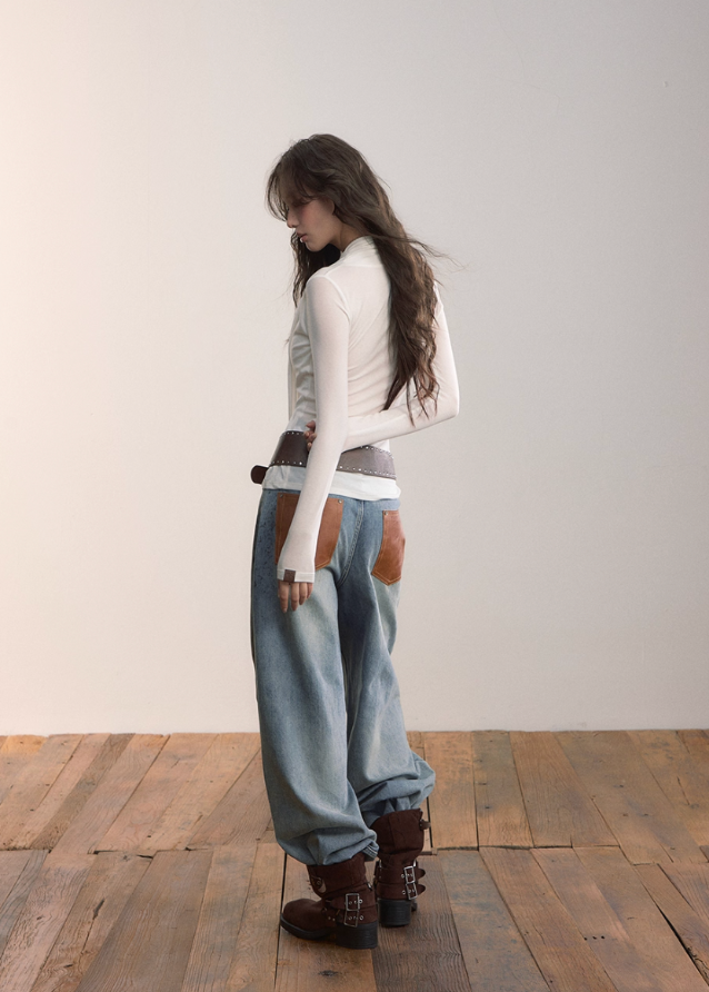 VIAPITTI drape top, cross collar long sleeve, fake two layer shirt, edgy Korean fashion, autumn streetwear top, irregular draped tee, wool blend base layer, minimalist street style, modern K-fashion 2025, asymmetrical neckline top, chic street long sleeve, sculptural drape shirt
