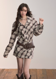 VIAPITTI check shirt dress, irregular pattern midi dress, edgy Korean fashion, autumn streetwear dress, plaid long sleeve dress, grunge check dress, urban street style outfit, K-fashion 2025, relaxed midi silhouette, blurred check print dress, industrial streetwear women, casual street dress
