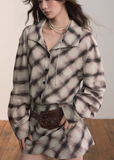 VIAPITTI check shirt dress, irregular pattern midi dress, edgy Korean fashion, autumn streetwear dress, plaid long sleeve dress, grunge check dress, urban street style outfit, K-fashion 2025, relaxed midi silhouette, blurred check print dress, industrial streetwear women, casual street dress
