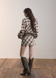 VIAPITTI check shirt dress, irregular pattern midi dress, edgy Korean fashion, autumn streetwear dress, plaid long sleeve dress, grunge check dress, urban street style outfit, K-fashion 2025, relaxed midi silhouette, blurred check print dress, industrial streetwear women, casual street dress

