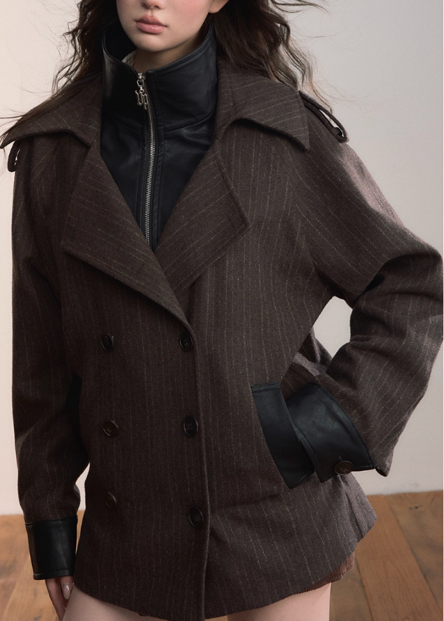 VIAPITTI splice jacket, fake two piece suit coat, contrast panel jacket, industrial streetwear women, autumn winter suit top, oversized hybrid jacket, edgy Korean fashion, workwear inspired coat, K-fashion 2025, loose versatile jacket, spliced contrast blazer, engineered street style, modern urban outerwear
