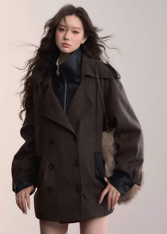 VIAPITTI splice jacket, fake two piece suit coat, contrast panel jacket, industrial streetwear women, autumn winter suit top, oversized hybrid jacket, edgy Korean fashion, workwear inspired coat, K-fashion 2025, loose versatile jacket, spliced contrast blazer, engineered street style, modern urban outerwear
