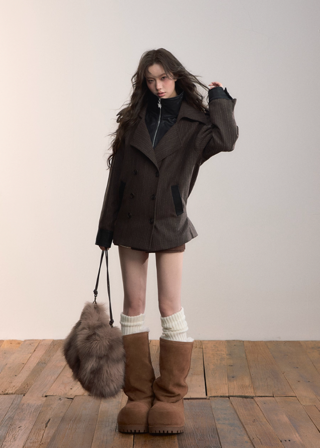 VIAPITTI splice jacket, fake two piece suit coat, contrast panel jacket, industrial streetwear women, autumn winter suit top, oversized hybrid jacket, edgy Korean fashion, workwear inspired coat, K-fashion 2025, loose versatile jacket, spliced contrast blazer, engineered street style, modern urban outerwear
