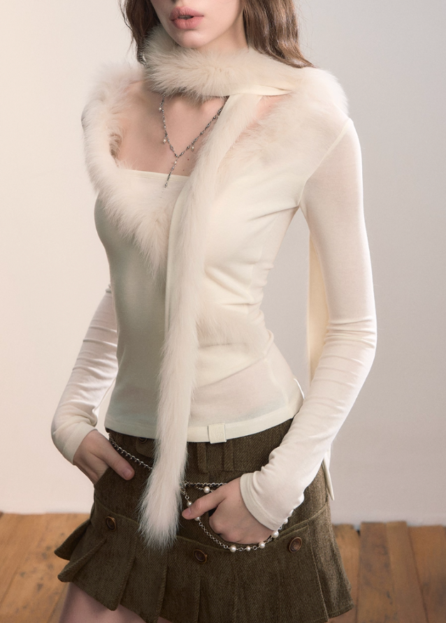 VIAPITTI fox fur knit top, fur trim sweater set, real fox fur scarf, edgy Korean fashion, autumn winter fur knitwear, slim fit sweater women, industrial luxe streetwear, spliced fur knit top, K-fashion 2025, luxury street outfit, warm fur scarf set, modern high femme street style
