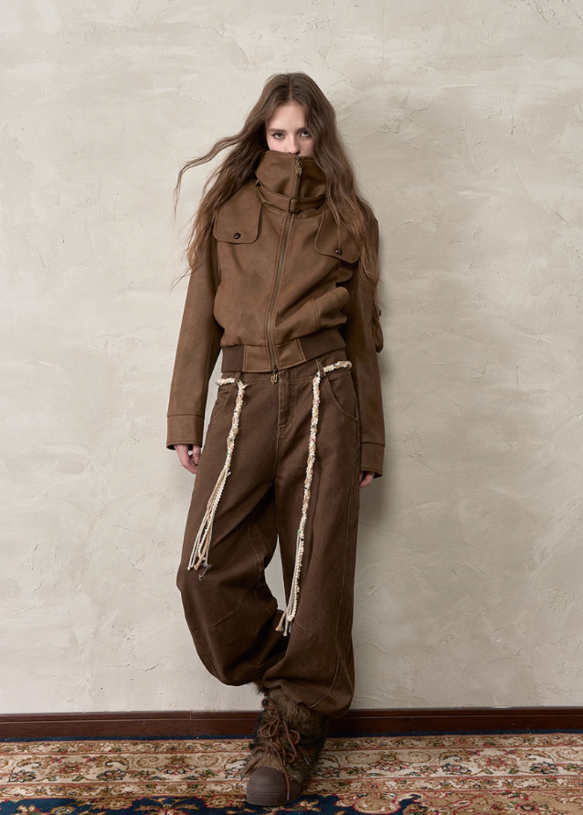 VIAPITTI trousers, double waist trousers, dual waist loop slacks, rope detail pants, wide leg straight trousers, autumn 2025 streetwear pants, Korean edgy fashion pants, retro rope trim pants, women’s wide slacks street style, industrial wide pants
