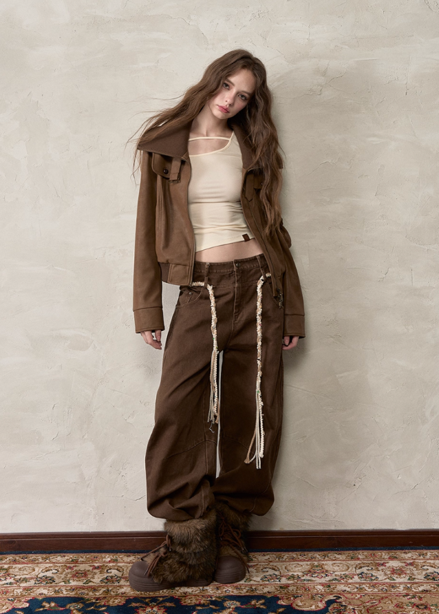 VIAPITTI trousers, double waist trousers, dual waist loop slacks, rope detail pants, wide leg straight trousers, autumn 2025 streetwear pants, Korean edgy fashion pants, retro rope trim pants, women’s wide slacks street style, industrial wide pants
